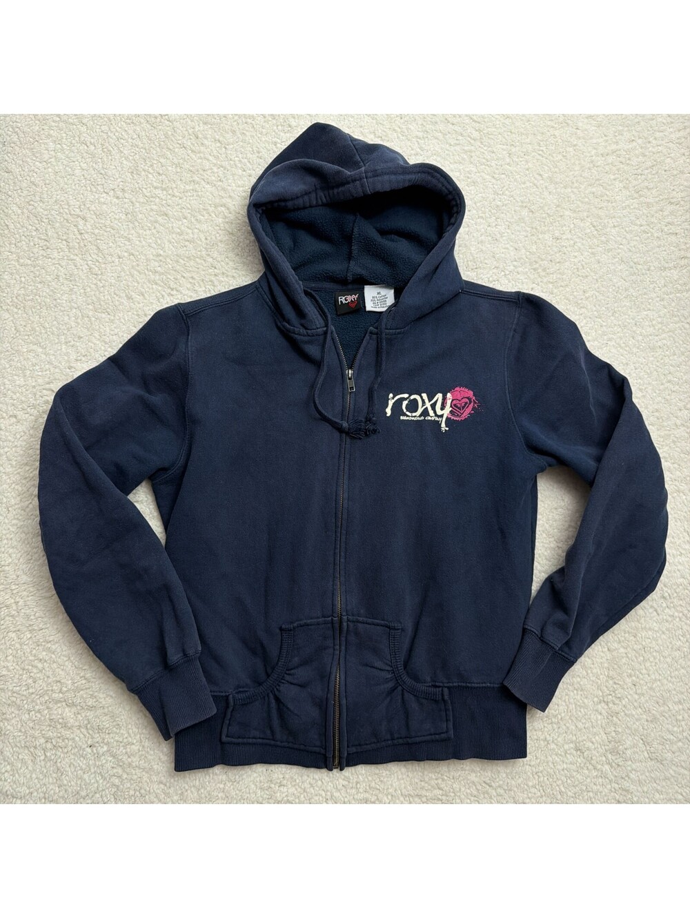 Vintatge Roxy Full Zip Hoodie XL Navy Y2K Surf Skate Sherpa Lined Sweatshirt 90s